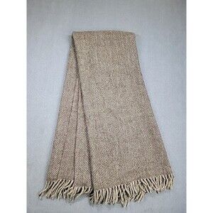 Vintage Cotswold Woollen Weavers Blanket Wool Brown Beige Fringe MCM UK 41x67